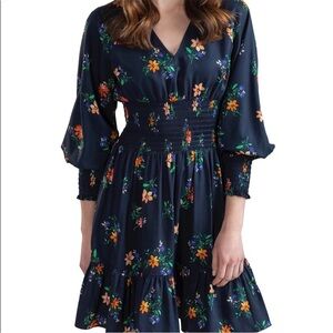 Shoshanna Tanner Ruched Waist Navy Floral Long Sleeve Dress NWT